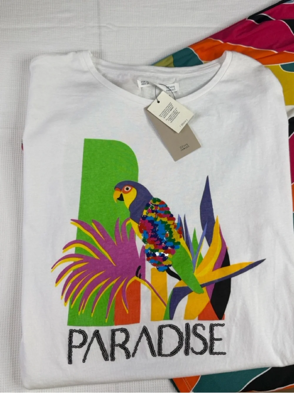 Sequined multicolor parrot sequin embellishment Cotton Top - Picture 2 of 15